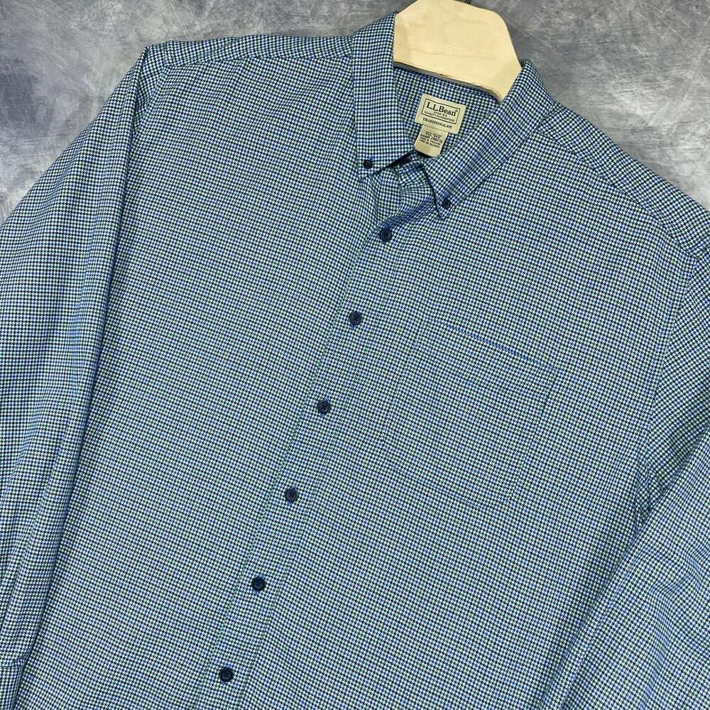 LL Bean Traditional Fit Button Down Shirt XXL-REG Blue Green Houndstooth